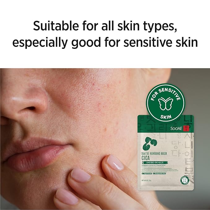 Soo'AE Hanbang Mask Cica [12 Count] Best For Dry & Dehydrated Skin, Vegan, 10 Traditional Herb Extracts, Soothing & Calming, Premium Quality, Korean Skincare, Self Home Care, 12 Value Pack