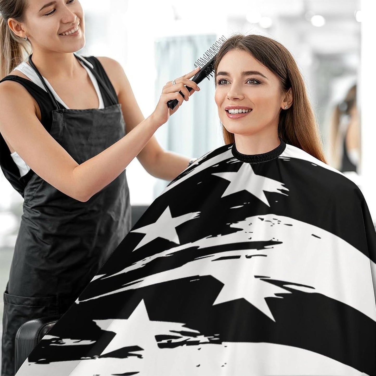Salon Cape for Women, Waterproof Black White Stripes American USA Flag Art Barber Hairdressing Cape Large Long Hairdressing Haircut Apron Hair Cutting Gown, & Chemical Resistant