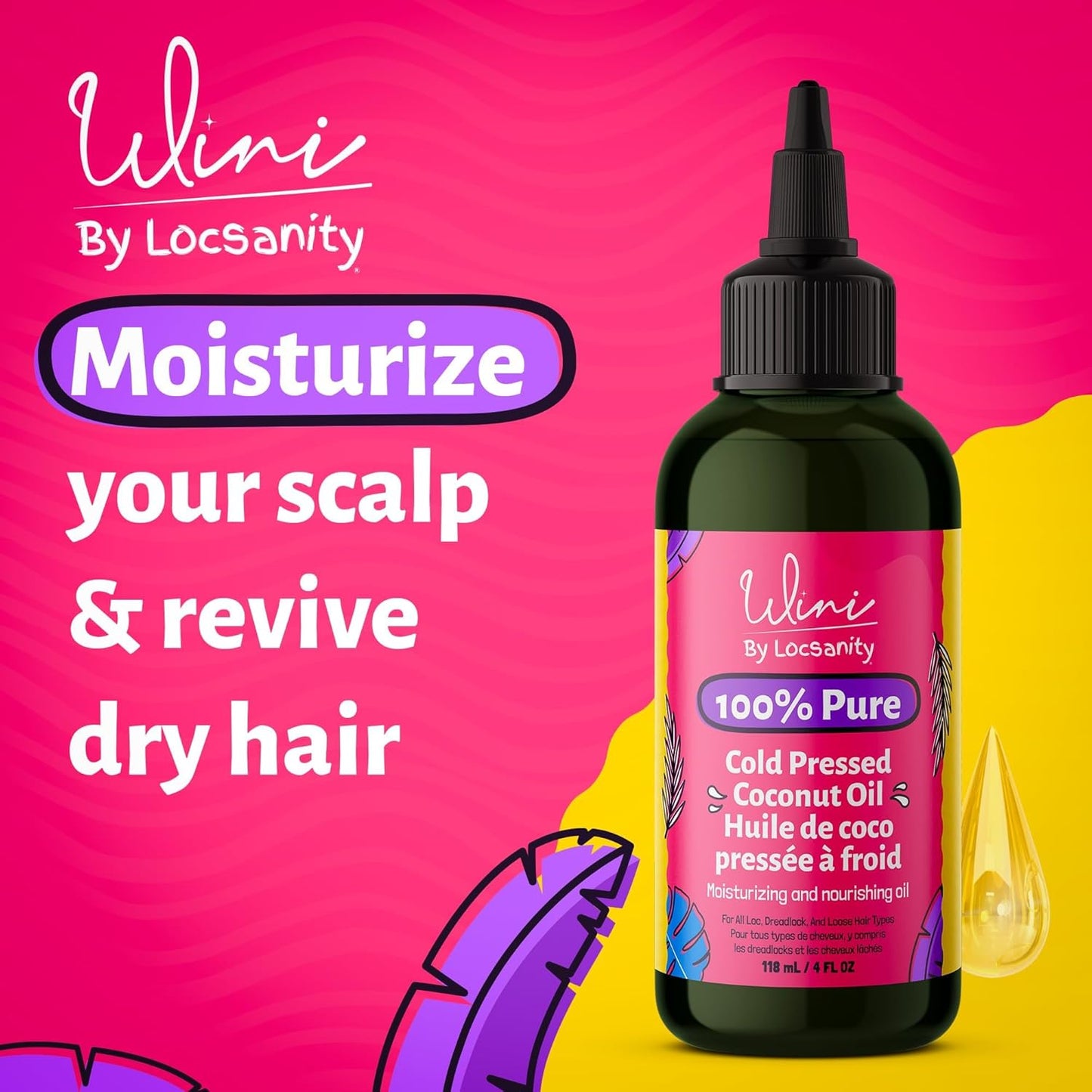 Locsanity Wini Pure 100% Cold Pressed Coconut Oil for Hair and Skin | Non-GMO | Unscented - 4 fl oz: Moisturizing Oil for Hair Care, Skin Hydration, Nail Care & Relaxing Massage