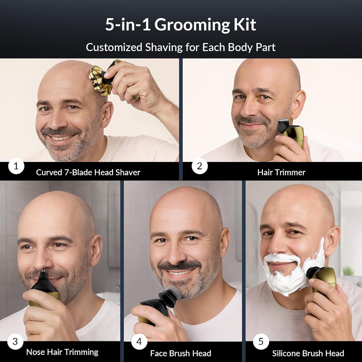 Head Shavers for Bald Men - 7D Arc Magnetic Detachable Electric Razor, Waterproof Wet Dry 5-in-1 Electric Shaving & Grooming Kit, LED Display Rechargeable Head & Body Hair Shaver, Gold