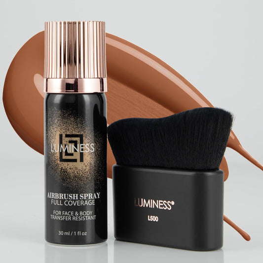 LUMINESS Airbrush Body Coverage with Self Tanner Brush - Tattoo Cover Up Makeup - Full Coverage Foundation for Face & Body - Water-Resistant, Long-Wear, Natural Radiant Finish, Light Deep