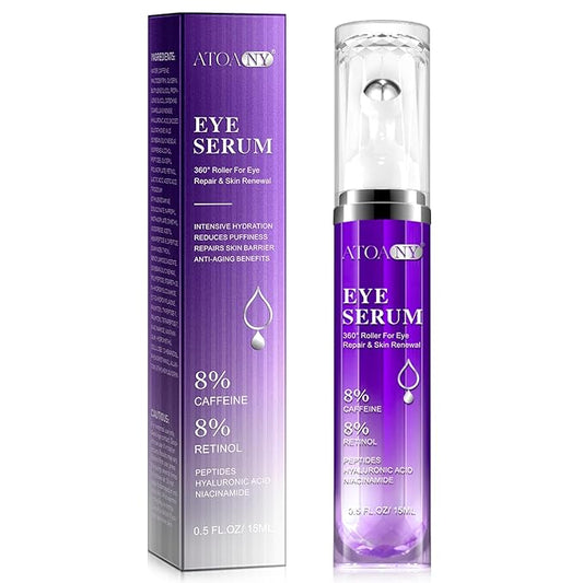 Eye Treatment Serum - 8% Caffeine & Retinol, Hyaluronic Acid, Niacinamide, Peptides - Cream for Dark Circles, Puffy Eyes, Fine Lines - 360° Eye Roller Massage Ball Included, 0.5 fl. oz