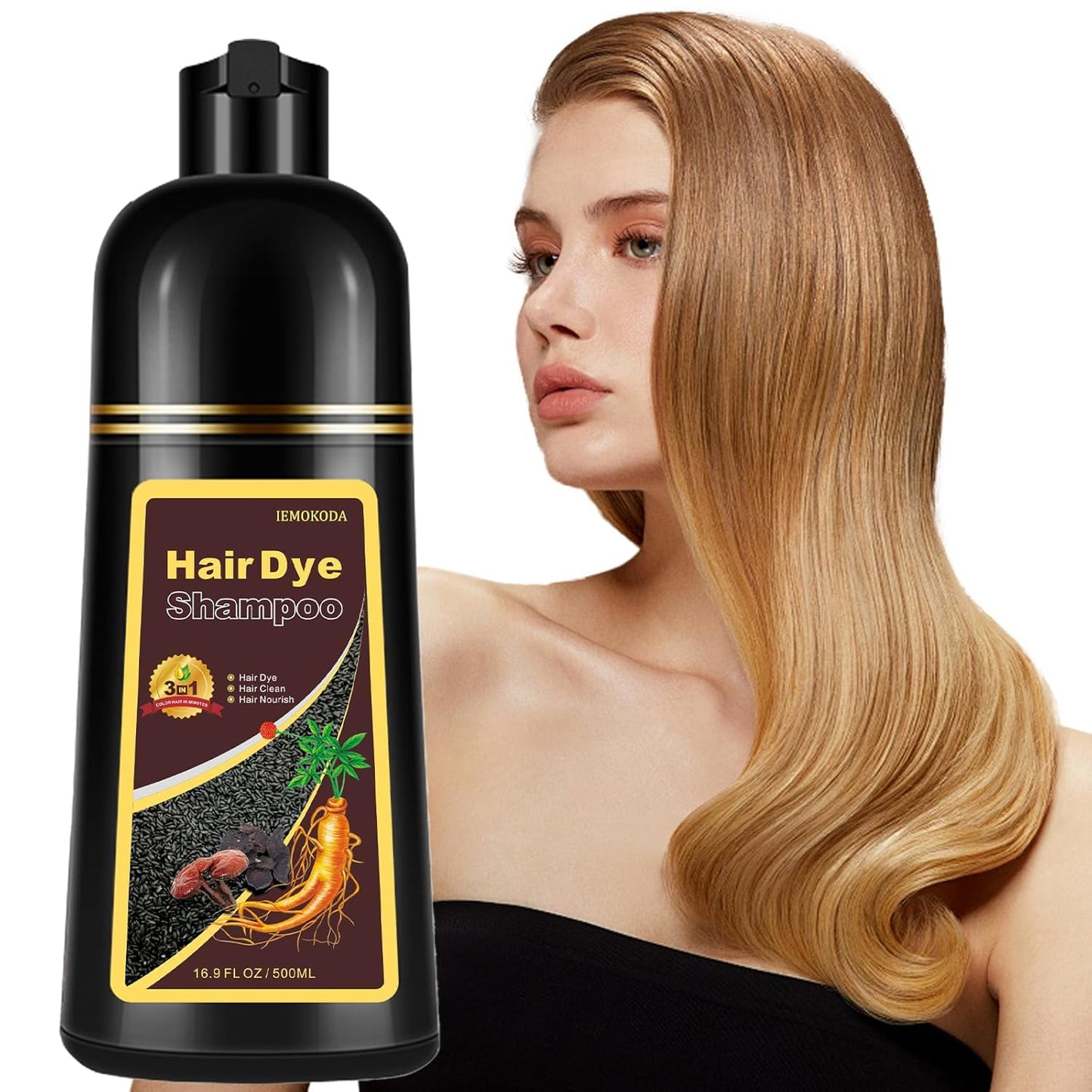 Natural Blonde Brown 3-IN-1 Golden Hair Dye Shampoo 500ml, Colors in 10-15 Mins, 100% Coverage for All Hair Types (Blonde Brown)