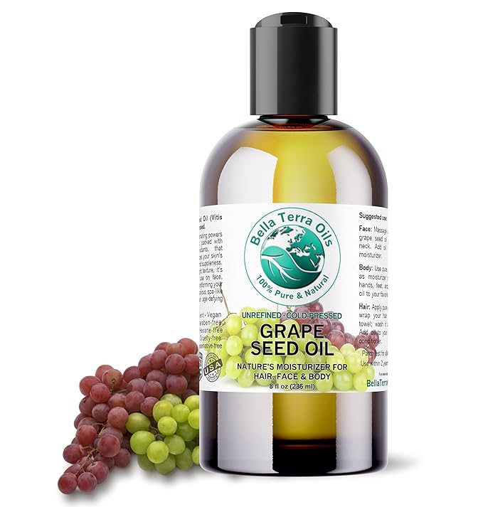 Bella Terra Oils - Organic Grape Seed Oil 8 oz - Dive into Organic Grape's Nutritional Power, Packed with Antioxidants & Omega-6, Elevate Your Skin Care Essence