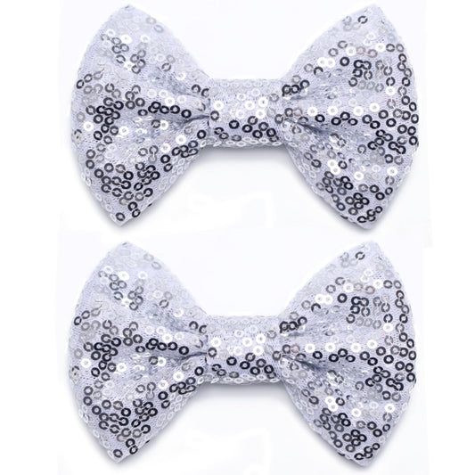 KISZU 4 Inch Sequin Glitter Hair Bows Clips, Sparkling Bling Little Bow HairPins Hair Accessories for Baby Girls Kids Children Teens and Women (Sliver)