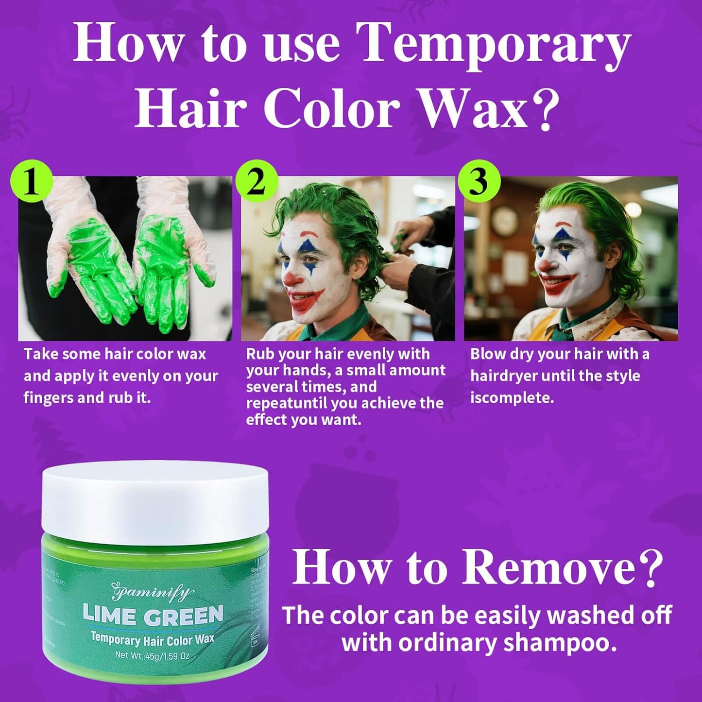 Halloween Joker Clown Makeup Kit,Red White Blue Black Face Body Paint+Lime Green Temporary Hair Wax+4 pcs sponge,Water-Based Face Painting for Clown Skull Devil Cosplay Costume SFX Makeup Set