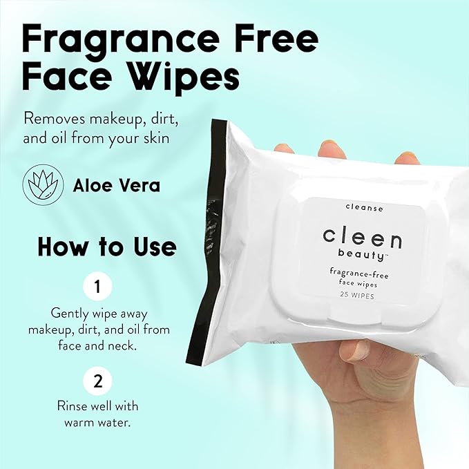 Cleen Beauty Everyday Essentials Skin Care Set | Blue Light Defense Serum + Cooling Eggplant Eye Balm + Rosehip Jelly Face Cleanser + Fragrance Free Face Wipes + Bakuchiol Antioxidant Renewing Serum