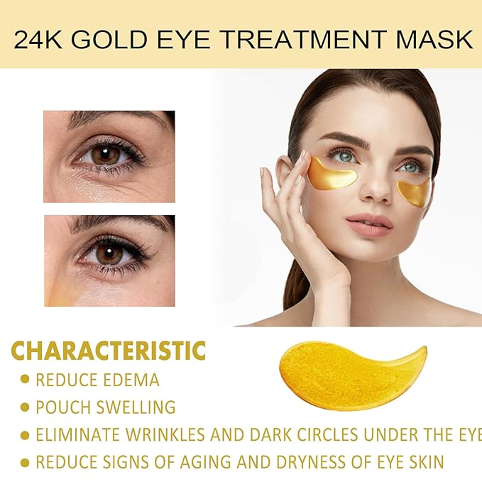 24K Gold Under Eye Patches - Hydrating Anti-Wrinkle Masks with Hyaluronic Acid, Vitamin C - Reduce Dark Circles, Puffiness - Firming, Brightening Treatment - 60PCS - All Skin Types