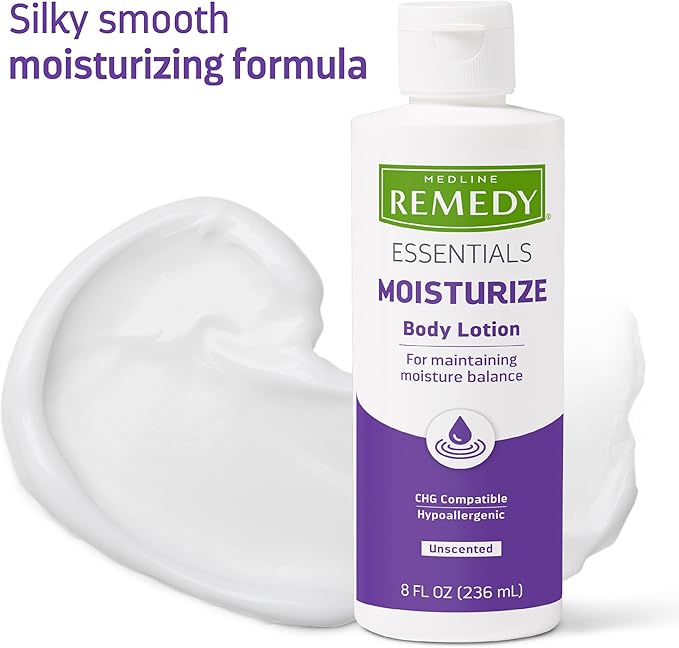 Medline Remedy Essential Moisturizing Body Lotion (8 oz Bottle), 36 Count, Unscented, Hydrating, Soothing For Dry Skin, Smooths & Softens, Non-Greasy, Hypoallergenic, Men, Women, Elderly