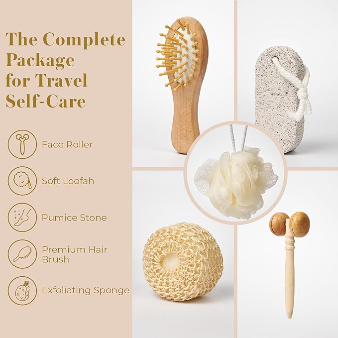 Bella Ciao Body and Skin Care Set, 6-PC, Face Massage Roller, Hair Brush, Pumice Stone, Loofah, Exfoliating Sponge, Wooden Tray Gift Basket, Bath and Body Gift Set, Valentines Day Gifts for Her