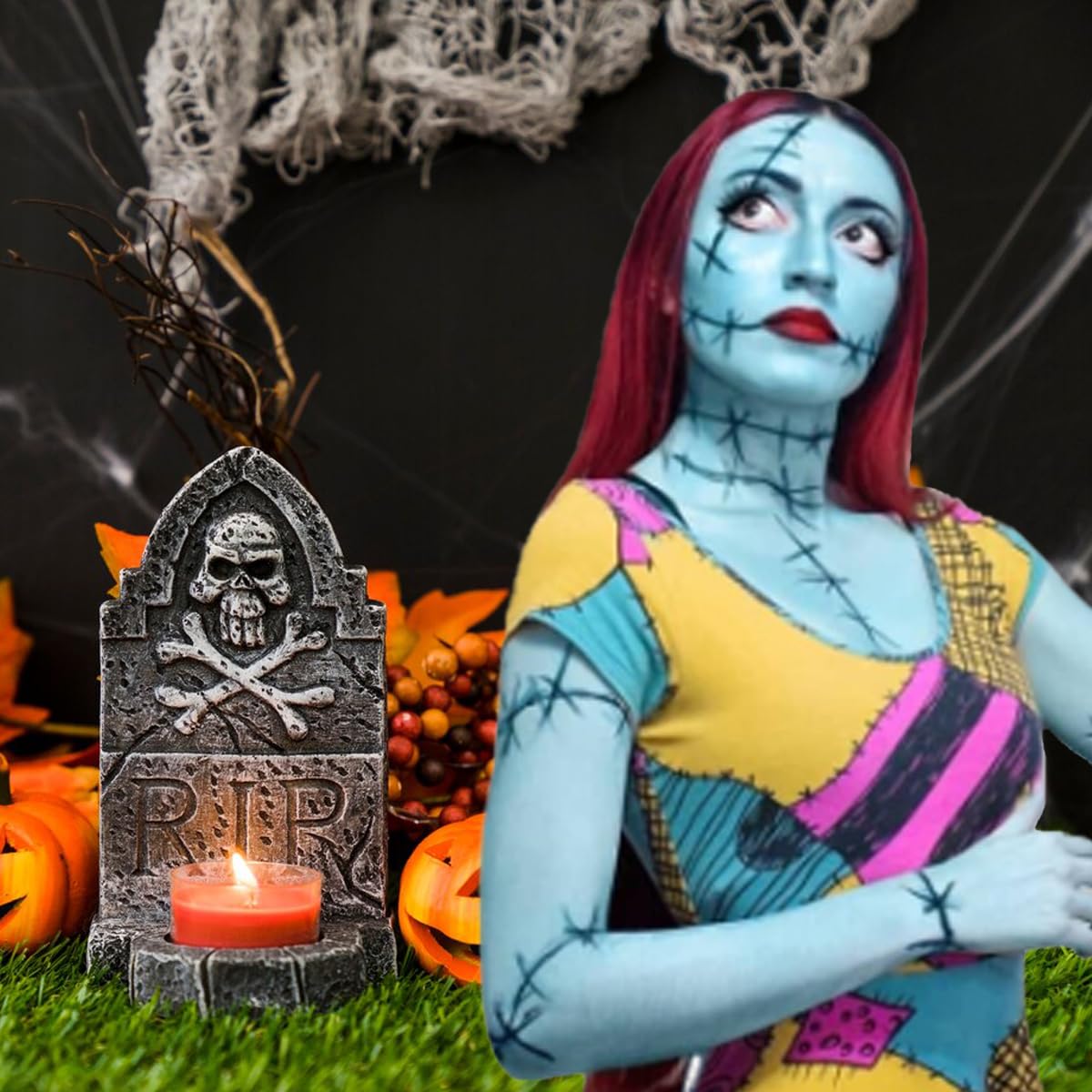 Mysense Sally Makeup Kit,Halloween Sally Costume Corpse Bride Makeup,Sally Face Cosplay Accessories for Women Girls Kids,Light Blue Face Paint+Red Lipstick+Black Liquid Eyeliner+Sponges