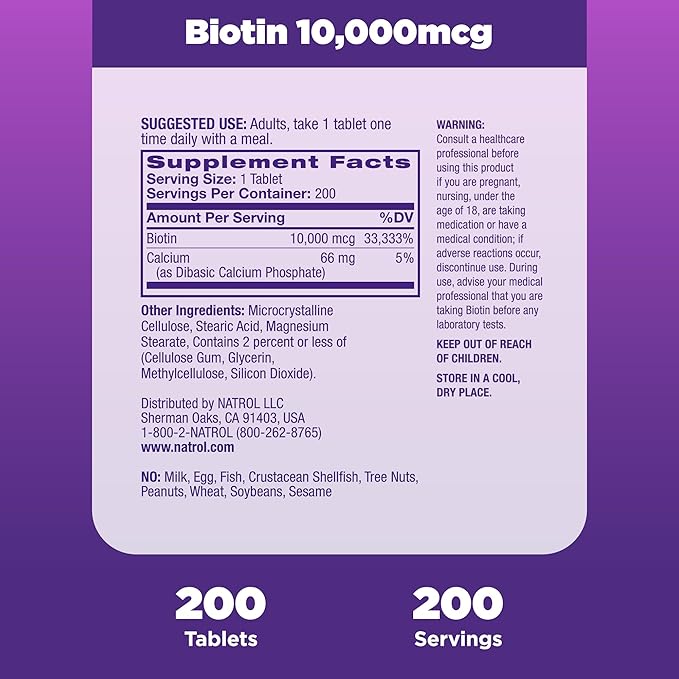 Natrol Biotin 10000mcg, Supplement for Healthy Hair, Skin and Nails for Those Low in Biotin, Plus Energy Metabolism Support, 200 Tablets, Up to a 200 Day Supply