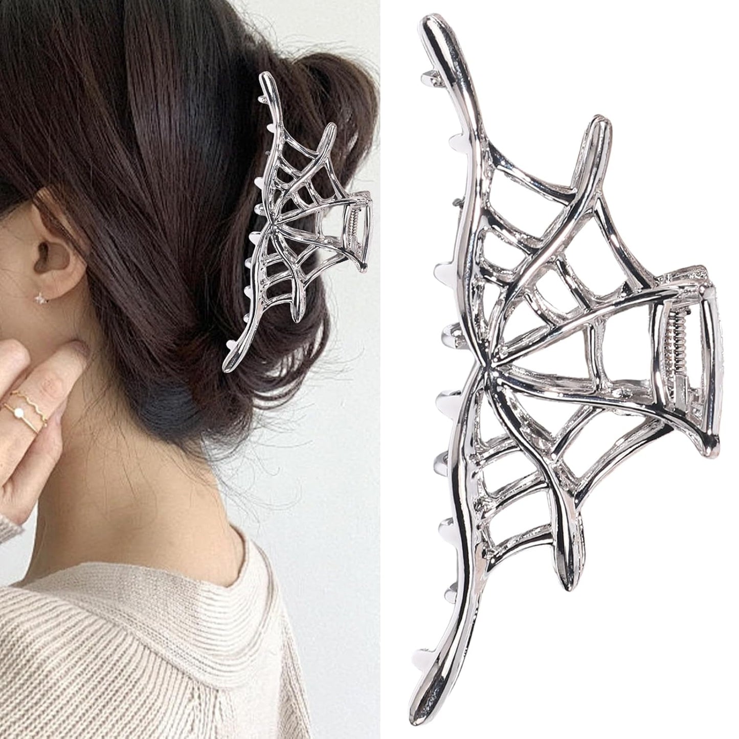 Halloween Metal Silver Alloy Spider Web Hair Claw Clips - Strong Hold Nonslip Gothic Punk Catch Clips for Women - Thick or Thin Hairs