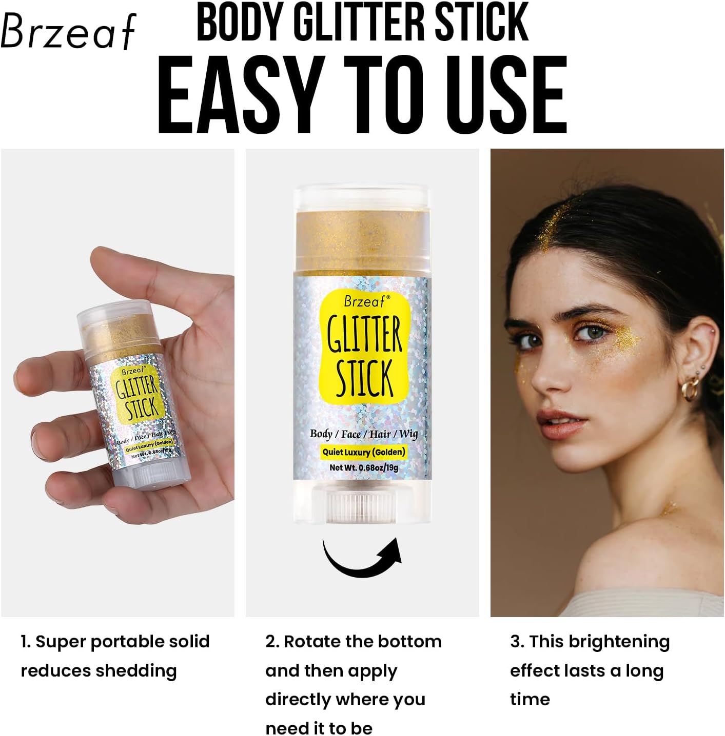 Brzeaf Waterproof Golden Glitter Stick, Halloween Glitter Makeup, Shimmery & Long Lasting, Chunky Glitter for Face/Body/Hair/Eyes/Lip, Singer Concert Music Halloween Christmas Rave Festival