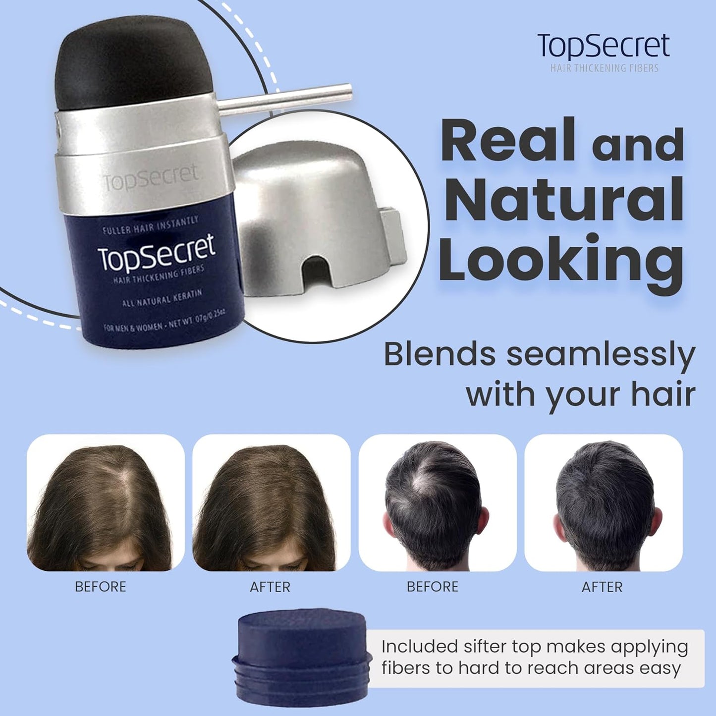 Top Secret Hair Thickening Building Fibers Applicator Included - Undetectable & Natural Hair Filler for Men & Women - Instantly Fill In Thinning Hair - Weather & Sweat Resistant (Dark Brown, Regular)