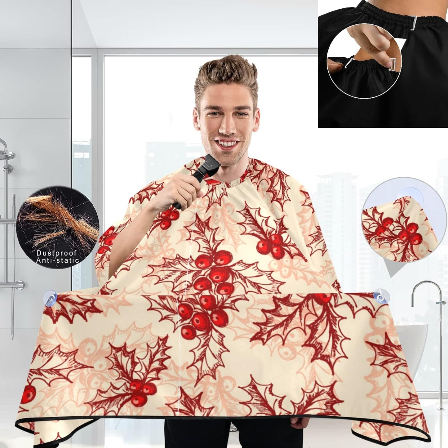 visesunny Barber Cape Holly Berry Pattern Polyester Hair Cutting Salon Cape Apron Anti-Static Haircut Water-Resistant Shaving Cloth Beard Shaving Bib Hairdressing Cape