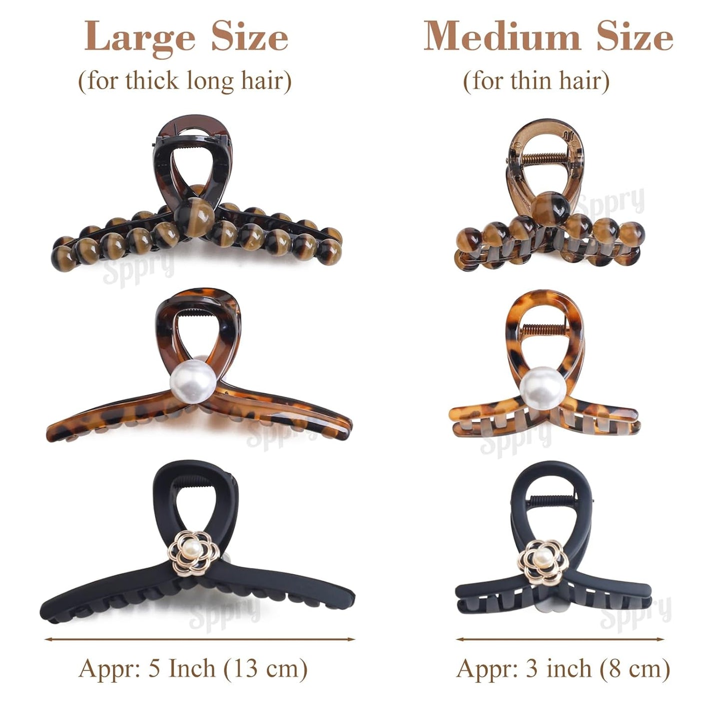 Elegant Pearl Hair Claw Clips for Women Thin Hair, Set of 3, Brown & Black (Medium 3 Inch)