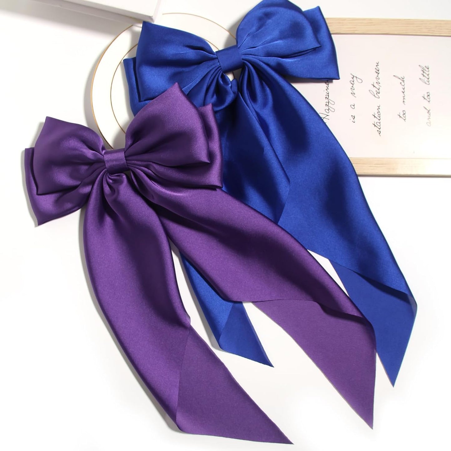 SUSULU Purple Hair Bows for Women, Big Royal Blue Bows for Hair, Metal Clips French Barrette with Long Tail Satin Ribbon Scrunchies Ponytail Hair Accessories 2pcs