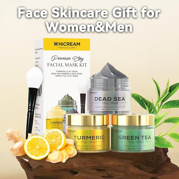 Turmeric Clay Mask, Green Tea, Dead Sea Minerals Mud Mask, Spa Facial Mask 3-Piece Set for Deep Cleansing, Moisturizing, and Refining Pores, Vegan & Cruelty-Free 2.5 oz each
