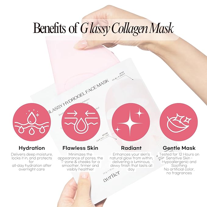 Glassy Hydrogel Face Mask, Deep Hydrating Overnight Hydrogel Mask for Dewy and Radiant Skin, Vegan Collagen, Preps Skin for Long-Lasting Makeup, Elasticity Improvement, 34g x4ea