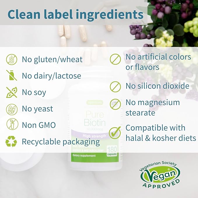 Igennus Clean Biotin 10,000mcg, Extra Strength, 180 Small Easy to Swallow Capsules, Vitamin B7, Lab Verified, No After Taste or Smell, Hypoallergenic & Vegan, 1-a-Day