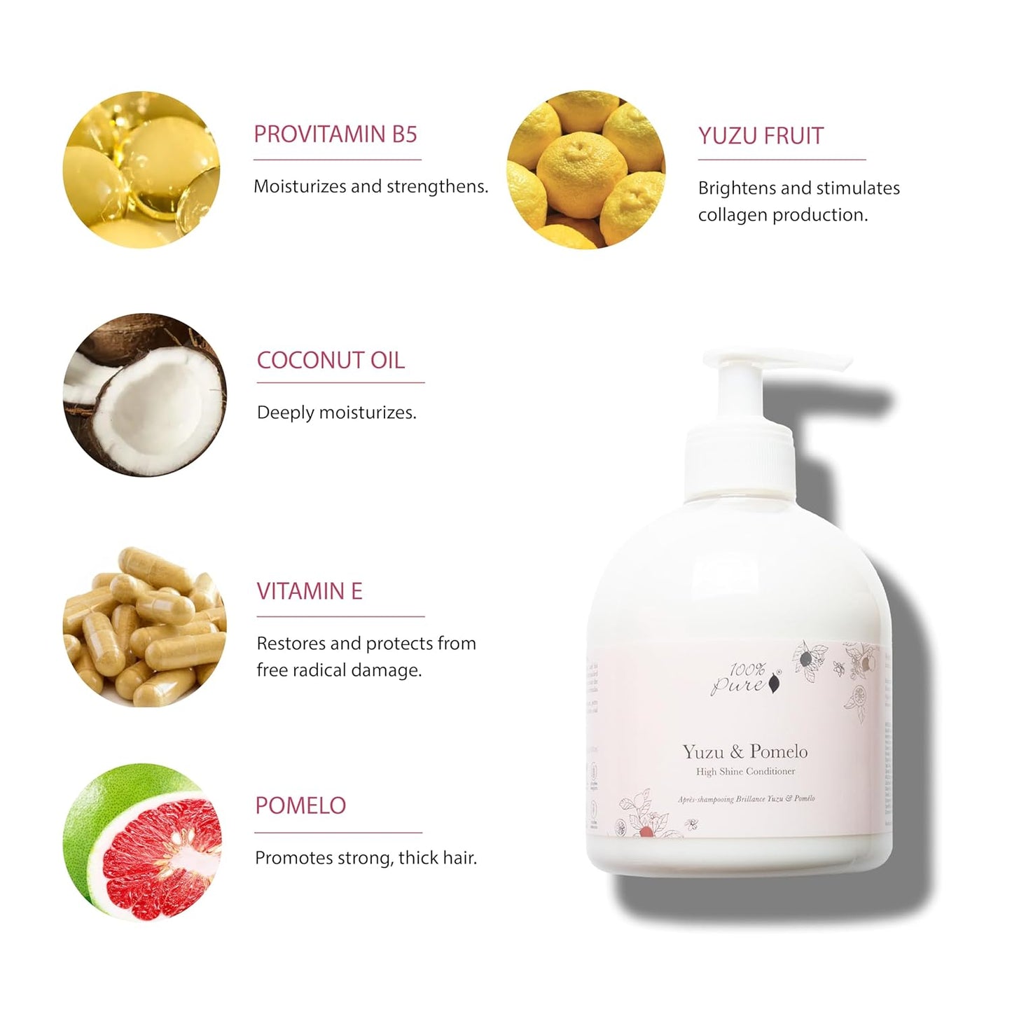 100% PURE Yuzu & Pomelo Glossing Conditioner Revitalizing & Hydrating Nutrient Boost of Kelp Flax Seed Oil & Vitamin E Helps Restore Hair Shine Body & Strength for Women & Men, Vegan - 16 Fl Oz