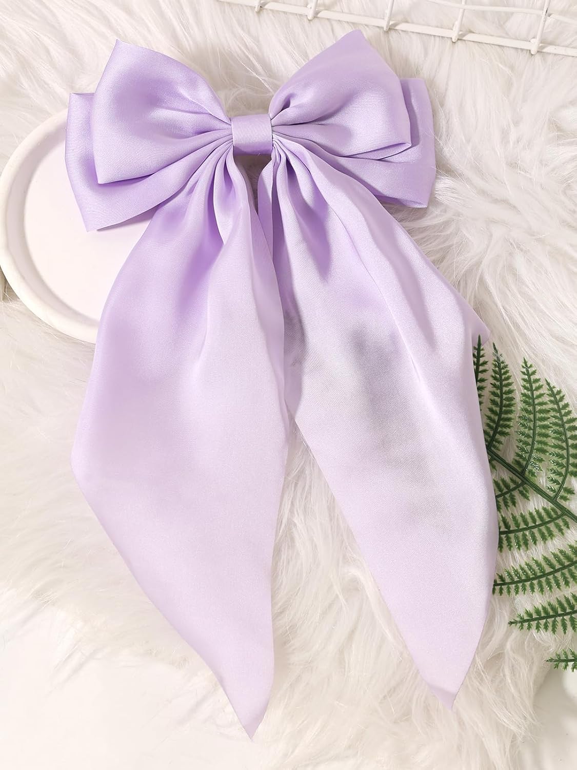 Furling Pompoms Hair Bows Clips for Women Large Bow Clips for Girls Satin Long Tails with Alligator Clips Big Hair Bow Hair Accessories (Lilac White)