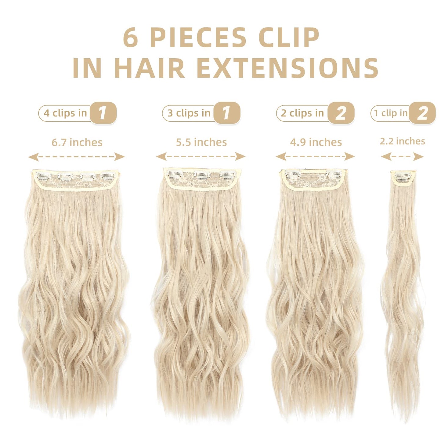 Clip in Hair Extensions, 6 pcs Natural & Soft Hair & Blends Well Hair Extensions, Dark White Lonng Wavy Hairpieces(20inch, 6pcs,Dark White)