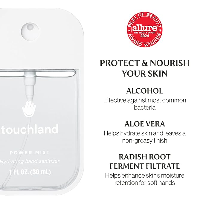 Touchland Power Mist Hydrating Hand Sanitizer Spray, DYE FREE Trio Set (Rainwater, Unscented, Beach Coco), 1 FL. OZ. Travel Size (Set of 3)