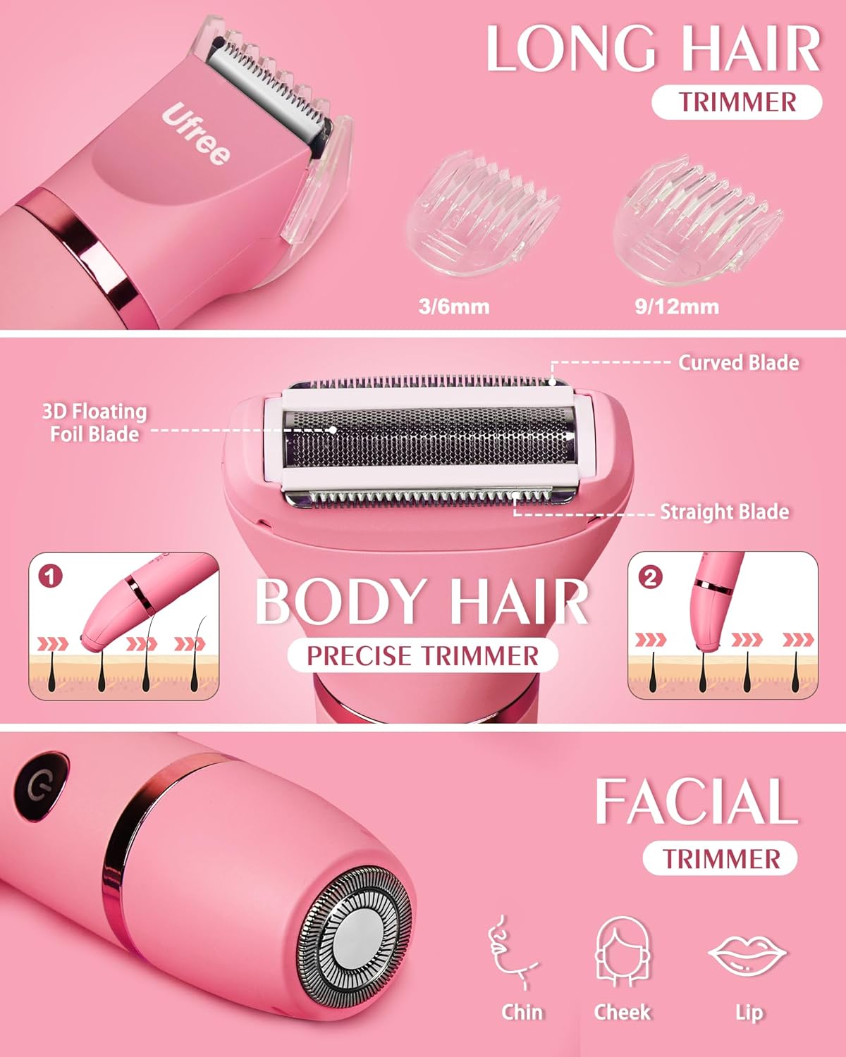 Ufree Bikini Trimmer Electric Razors for Women, Rechargeable Pubic Hair Trimmer Electric Shaver for Legs Body Hair, Bikini Shaver IPX7 Waterproof, Rose Red