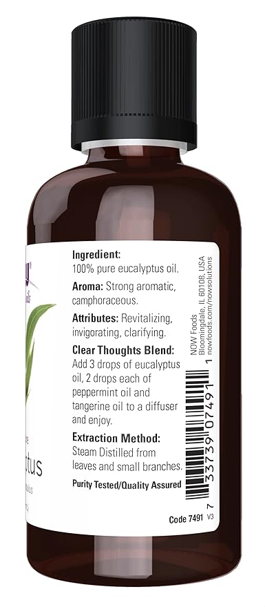NOW Essential Oils, Eucalyptus Oil, Clarifying Aromatherapy Scent, Steam Distilled, 100% Pure, Vegan, Child Resistant Cap, 2-Ounce