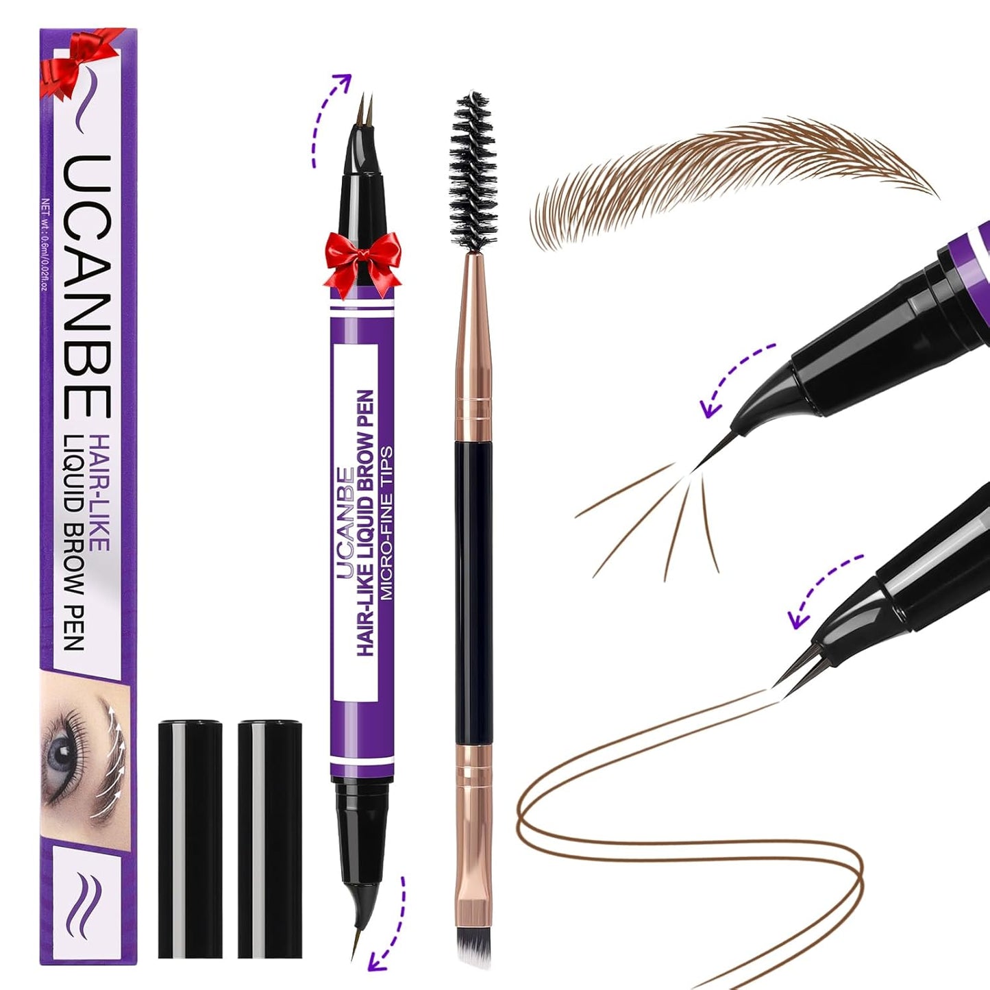 UCANBE Curved Eyebrow Pencils for Women with Spoolie Brush,Dual-Ended Eyebrow Pen with 2-Fork-Tip&Precise Brush-Tip,Microblading Brow Pen for Hair-Like Brows,Waterfool, Long Lasting,Soft Brown