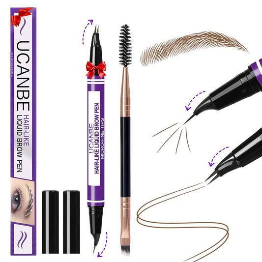 UCANBE Curved Eyebrow Pencils for Women with Spoolie Brush,Dual-Ended Eyebrow Pen with 2-Fork-Tip&Precise Brush-Tip,Microblading Brow Pen for Hair-Like Brows,Waterfool, Long Lasting,Soft Brown