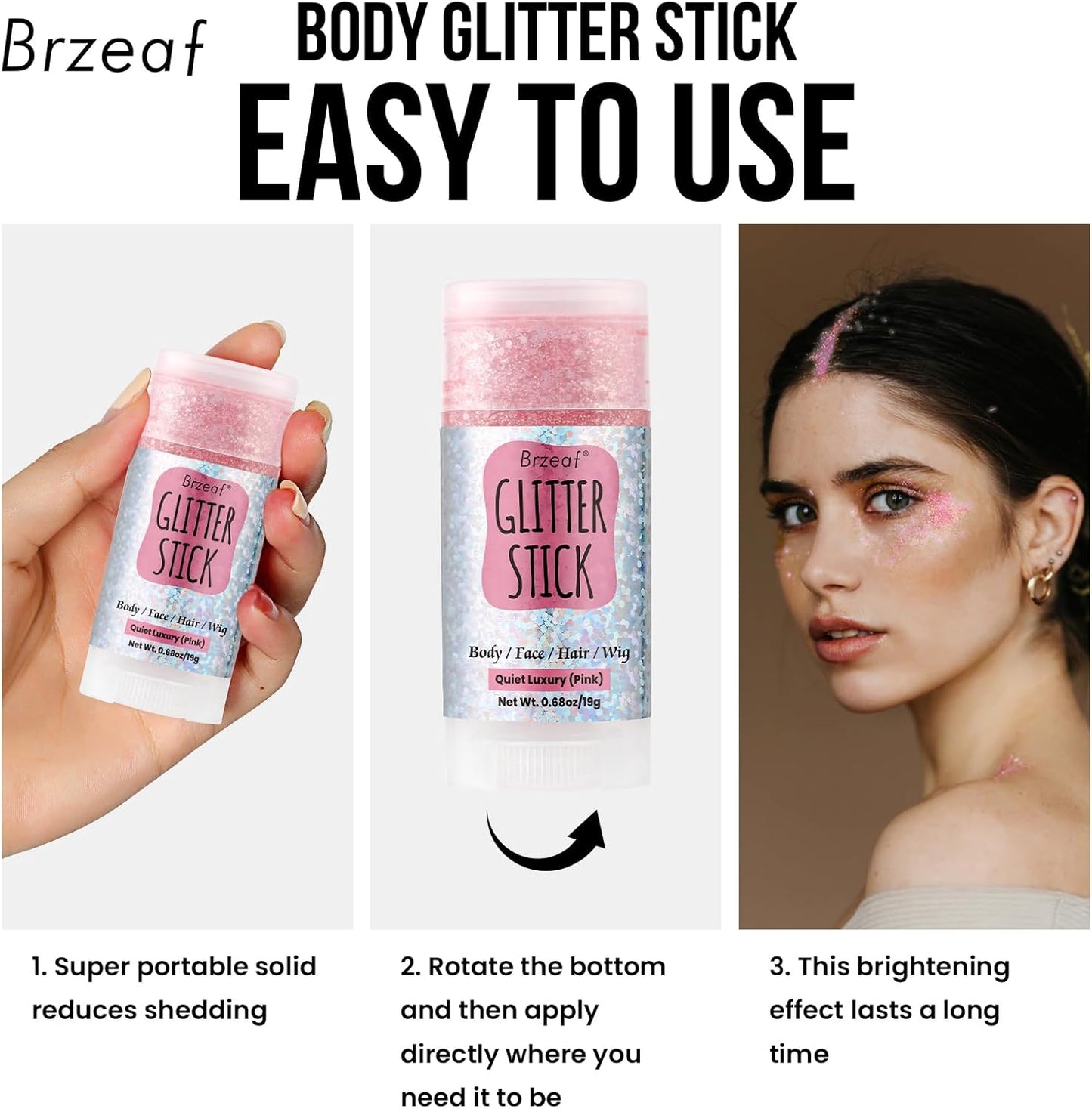 Brzeaf Pink Glitter Stick, Not Greasy & Long Lasting, Halloween Face Glitter Gel, Chunky Glitter for Face/Body/Hair/Eyes/Lip, Singer Concert Music Rave Festival, Glitter Stick Makeup for Women Men