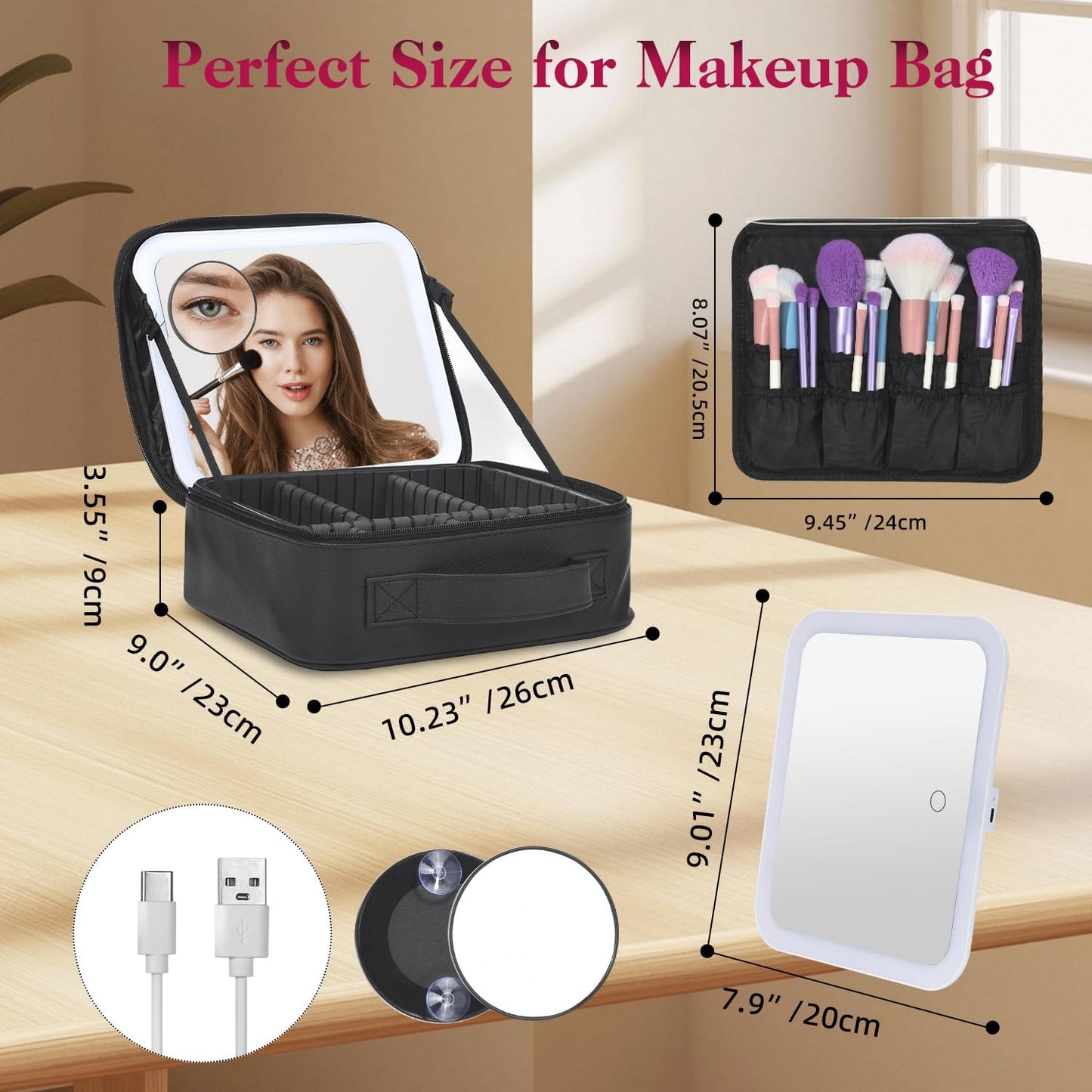 Travel Makeup Bag With LED Mirror,Cosmetic Train Case with 3 Color Setting,Cosmetic Makeup Organizer Bag with Adjustable Dividers,Portable Make up Box with Make up Brushes Holder Storage（Black）