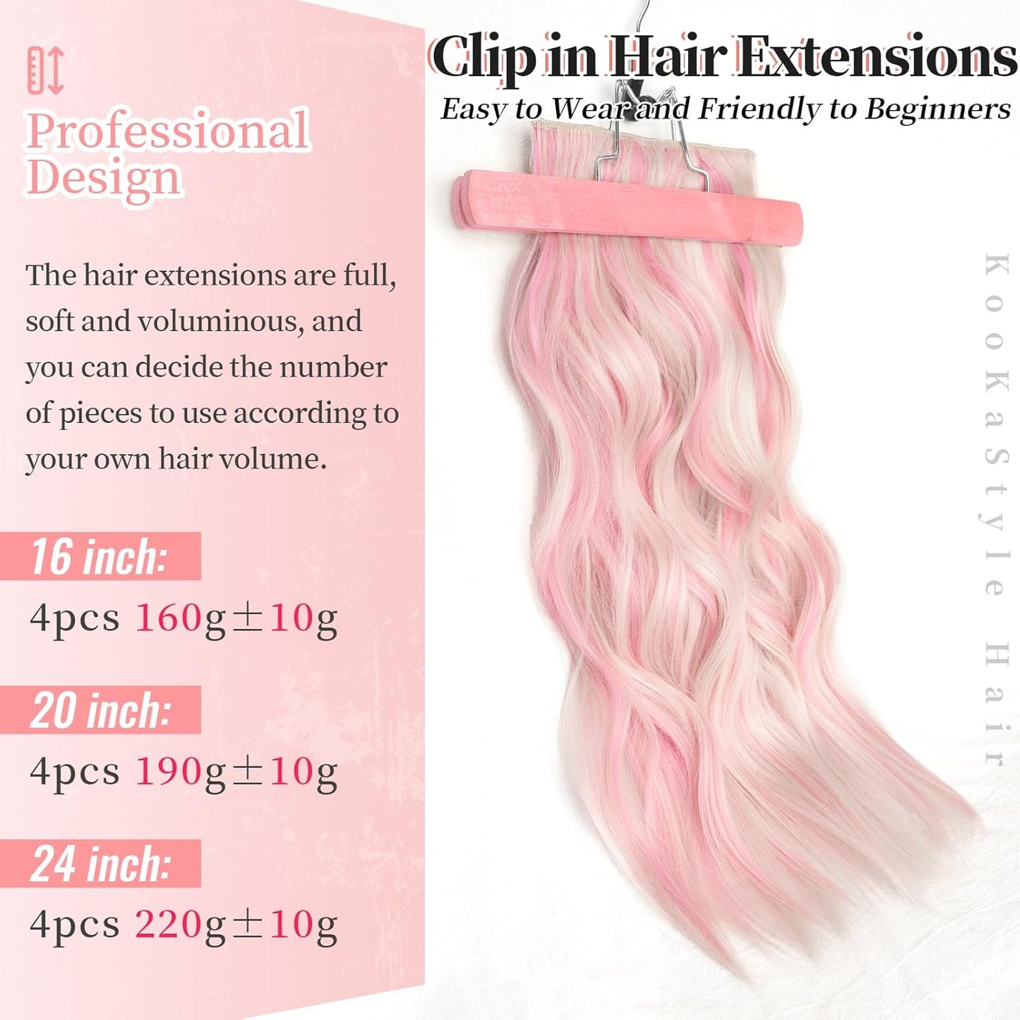 KooKaStyle Clip in Synthetic Hair Extensions Long Wavy 4PCS Thick Hairpieces Blonde with Pink Highlight Fiber Double Weft Natural Hair Extensions 20 Inch for Women