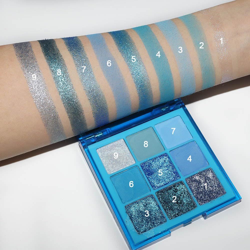 AMY'S DIARY Dark Light Royal Blue Pearl White Glitter Shimmer Eye Shadow Makeup Palette,9 Colors Highly Pigmented Waterproof Matte Glitter Shimmer Daily Party Sparkling Eyeshadow Palett Gift