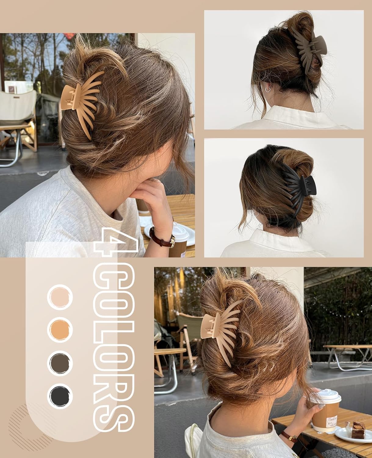 OPAUL Hair Clips for Thick Hair, 4 Pack - Extra Large Hair Claw Clips for Women, 4.75" Hair Accessories for Women Girls Gifts, Neutral 4 Colors: Blonde, Caramel, Chestnut, Black