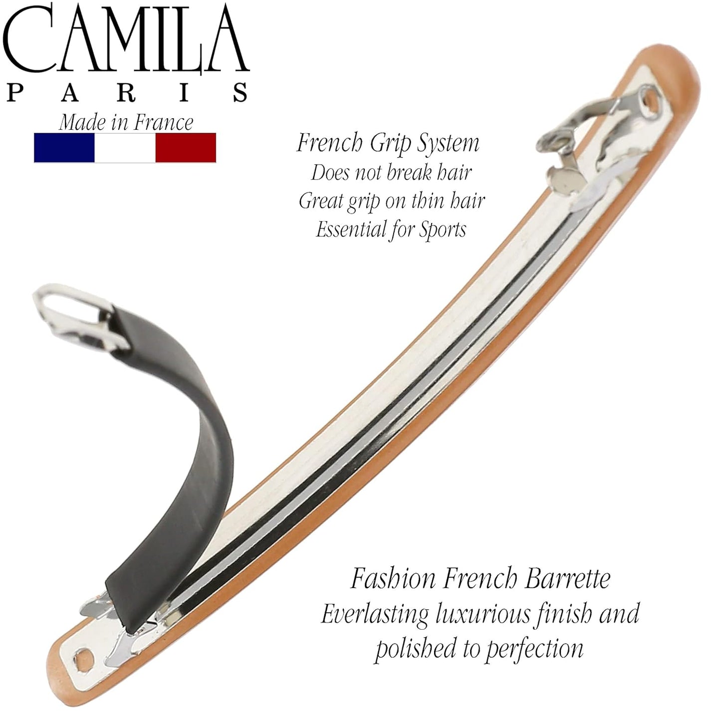 Camila Paris CP3253 French Hair Barrette Large Nude, Long Skinny Strong Hold Grip Hair Clips for Women, Thin Rubberized Automatic Clasp No Slip Durable Styling Girls Hair Accessories, Made in France