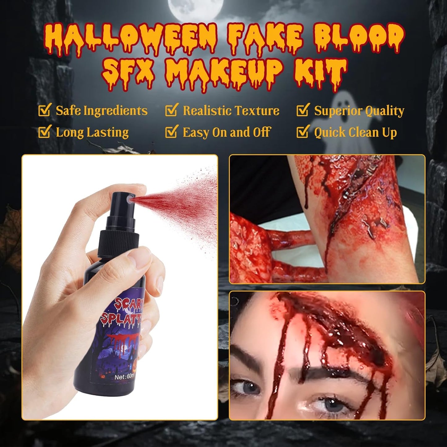 Fake Blood SFX Makeup Kit – 3 Pack Special Effects Halloween Blood Set [1.06oz Coagulated + 2.03oz Dripping + 2.03oz Spray] – Washable Vampire Blood for Face, Body, Clothes