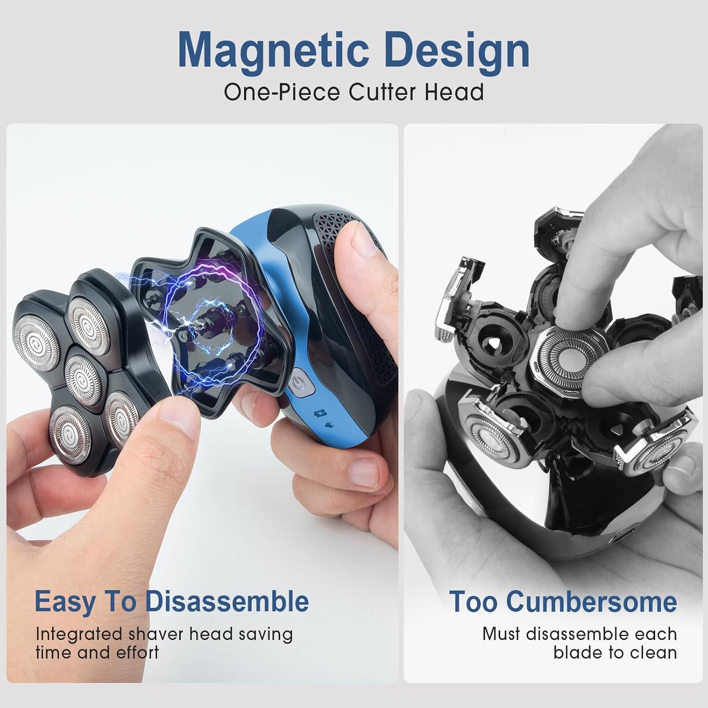 Telfun Magnetic Head Shavers for Bald Men, Cordless 5-in-1 Electric Razor for Fast Shaving- IPX7 Waterproof Wet/Dry Mens Grooming Kit - Easy Use Palm Shaver for a Smooth Bald Shave