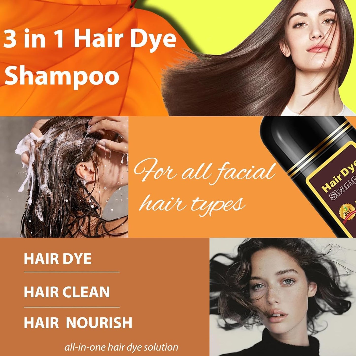 Hair Dye Shampoo Light Brown, 3 in 1 Long-Lasting Hair Color Shampoo with Herbal Ingredients, Instant Natural Color, Easy Application at home for Women Men 16.9 Fl Oz