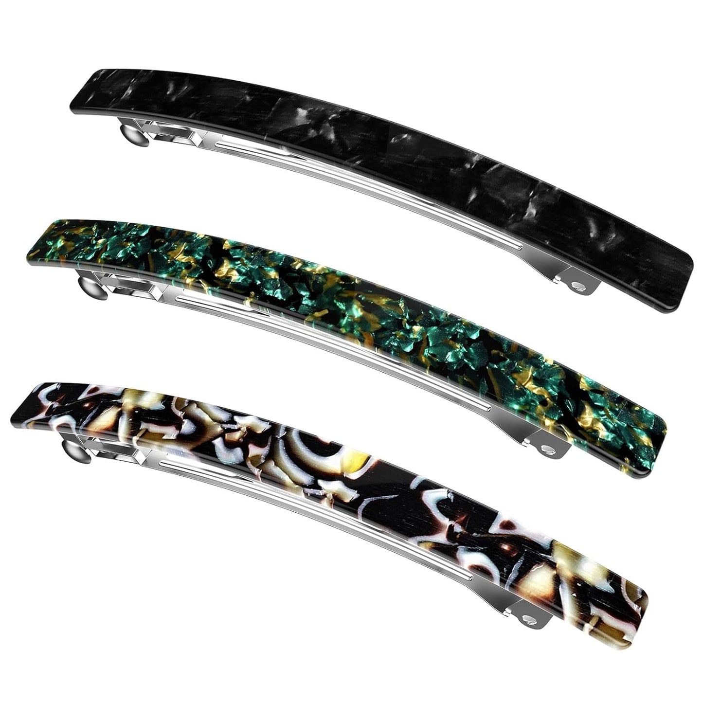 Long French Barrettes for Women Thin Thick Hair - Large 4 Inch Hair Clips Ponytail Clamp - Stylish Hair Accessories - 3Pcs (Black, Brown, Green)