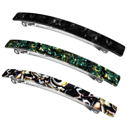 Long French Barrettes for Women Thin Thick Hair - Large 4 Inch Hair Clips Ponytail Clamp - Stylish Hair Accessories - 3Pcs (Black, Brown, Green)