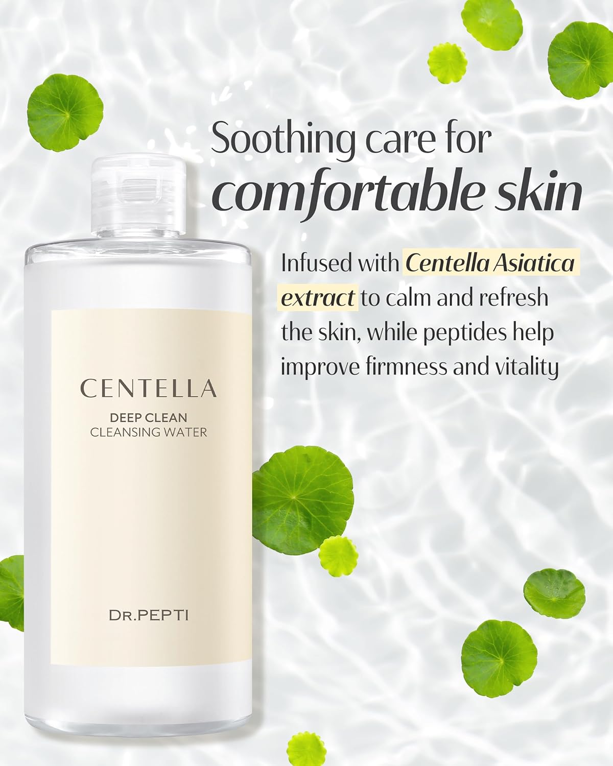 DR.PEPTI Centella Deep Clean Cleansing Water - Korean Micellar Makeup Remover Face Cleanser - pH Balancing Hydrating Gentle for Sensitive Dry Skin Apple Amino Acids Peptides, 13.5 fl.oz.
