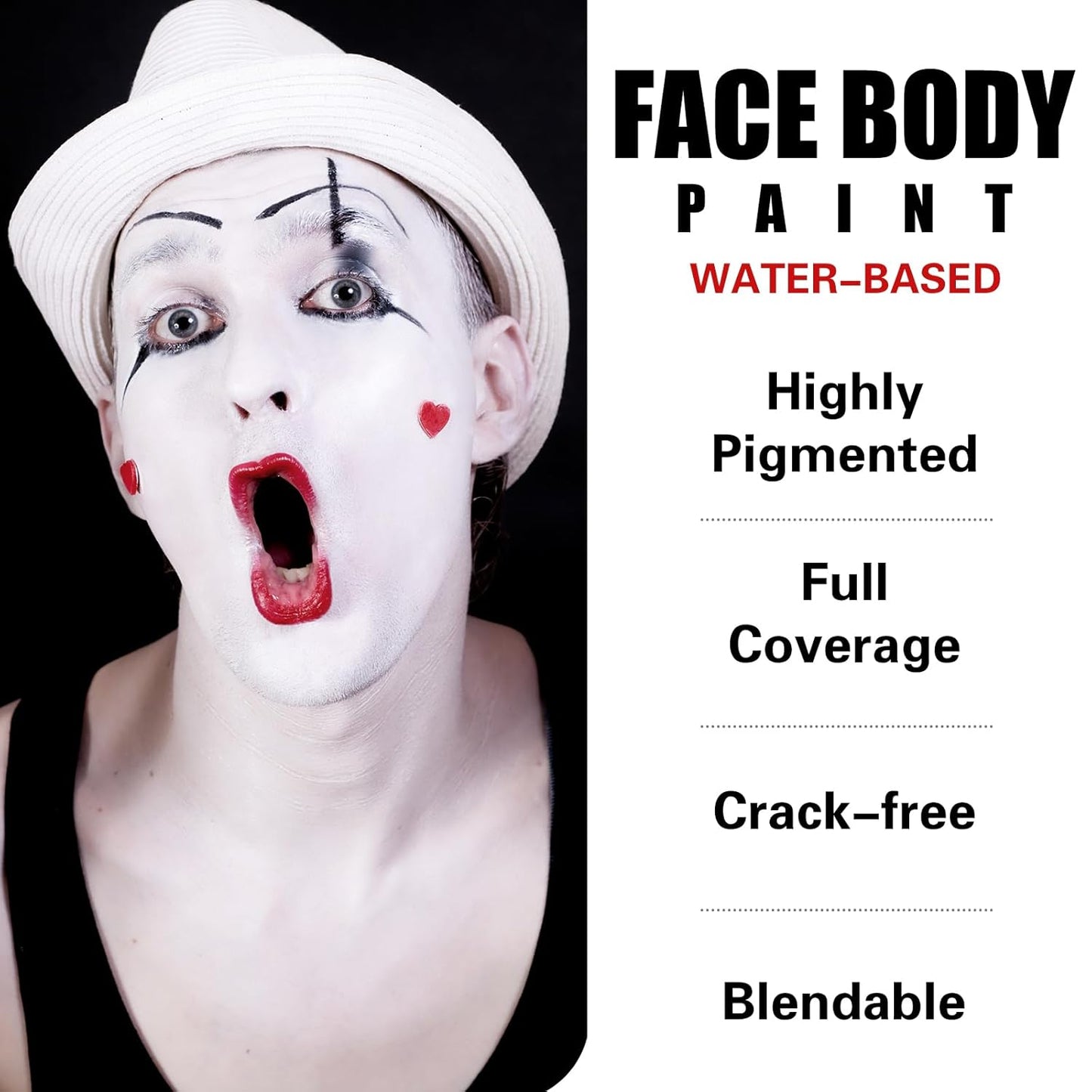 BOBISUKA Black + White + Red Face Body Paint Kit, Water Based Face Painting for Halloween Clown Skeleton Joker Zombie Mime Sugar Skull Makeup for Women Adults, Non-Toxic Washable