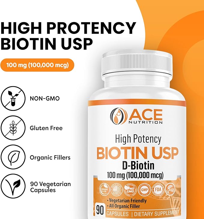 High Potency Biotin USP (D-Biotin 100,000mcg) - Superior Biotin, Organic Rice Flour, Vegetarian Capsules For Hair, Skin, & Myelin Health, Made in the USA (100mg/90 Capsules)