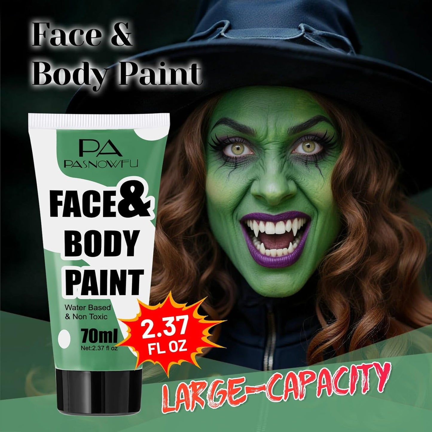Green Face Paint 70ml - Non-Toxic Washable Body Paint for Hulk, Beast Boy Looks, Water-Based Highly Pigmented Face Body Paint for Halloween SFX Cosplay Makeup, Stage Performance