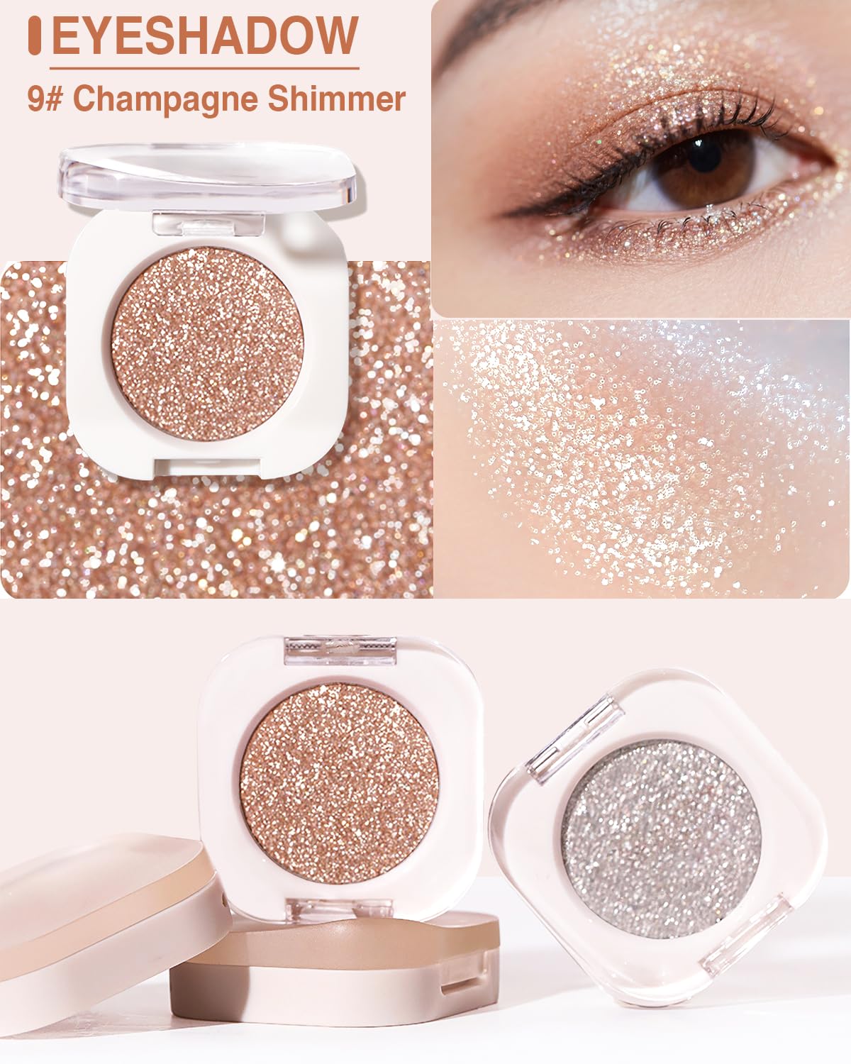 Glitter Shimmer Eyeshaow, Pigmented, Soft, Smooth Formula, Blendable Sparkly Eye Shadow Eyeliner Palette Makeup, Long-lasting Metallic and Shimmer Finish, Champagne Gold
