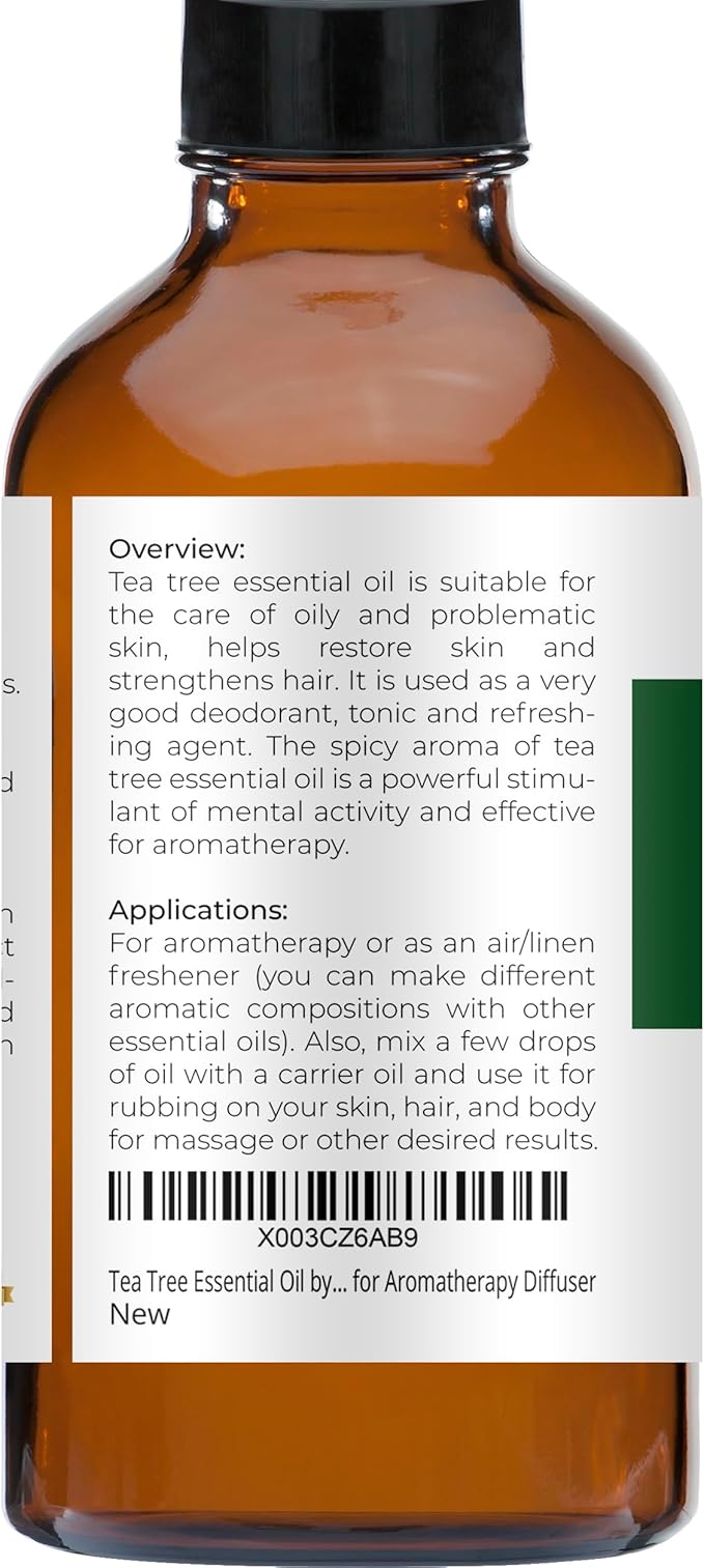 Tea Tree Essential Oil by Velona - 4 Fl Oz | Therapeutic Grade 100% Pure and Natural | for Aromatherapy Diffuser, Massage, Skincare, Haircare, Soapmaking | Undiluted and Multipurpose in Glass Bottle